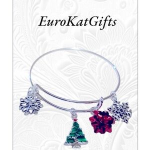 Hand Crafted Bangle Silver Charm Bracelet Holiday charms Tree Bow and Snowflakes